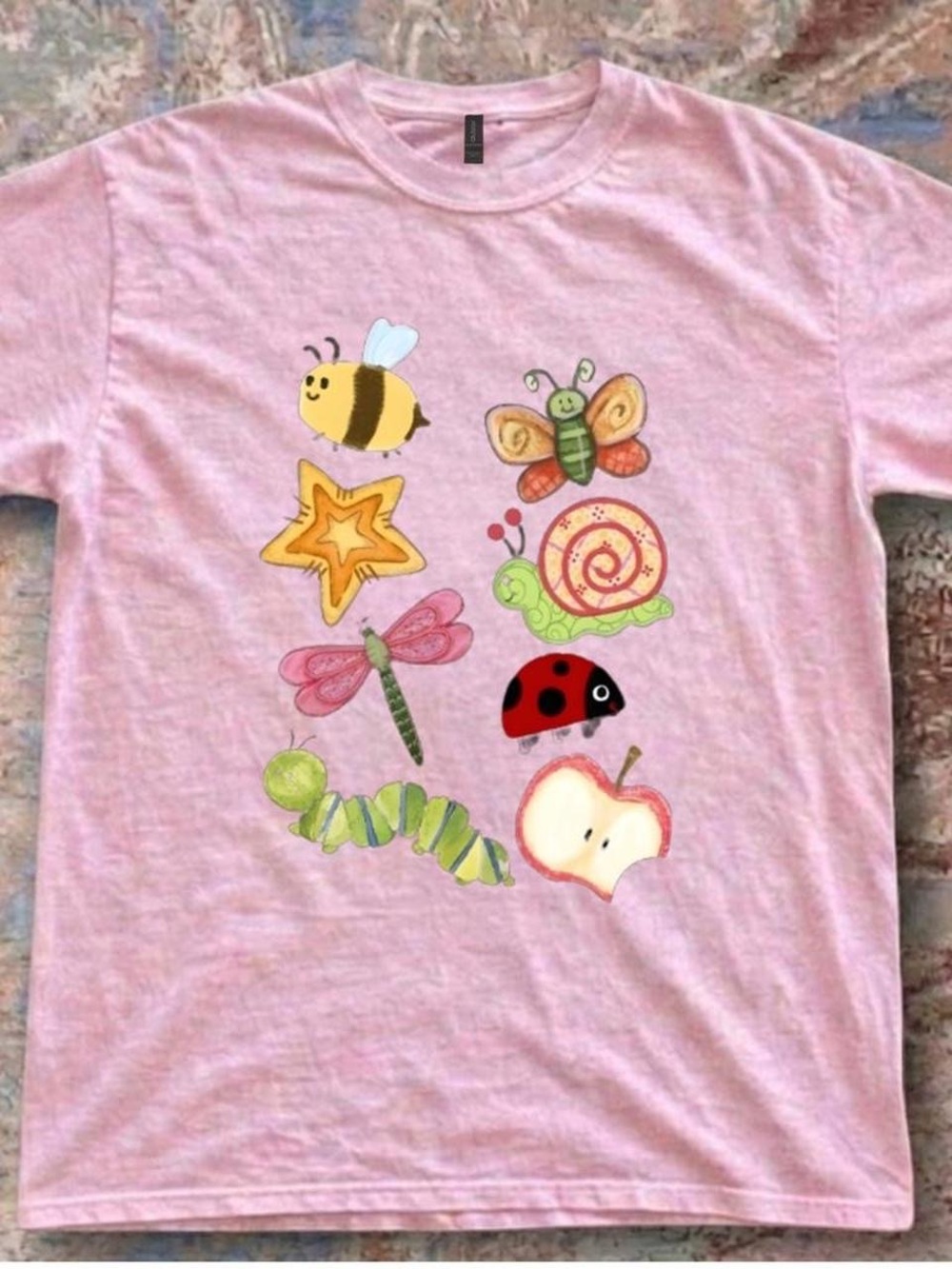 Gildan Pink Kids' Tee with Bugs & Fruit Illustrations